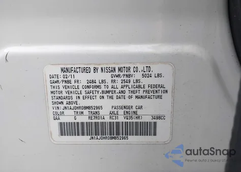 2011 Infiniti Ex35 Journey z USA, uszkodzony, nr VIN JN1AJ0HR0BM852965